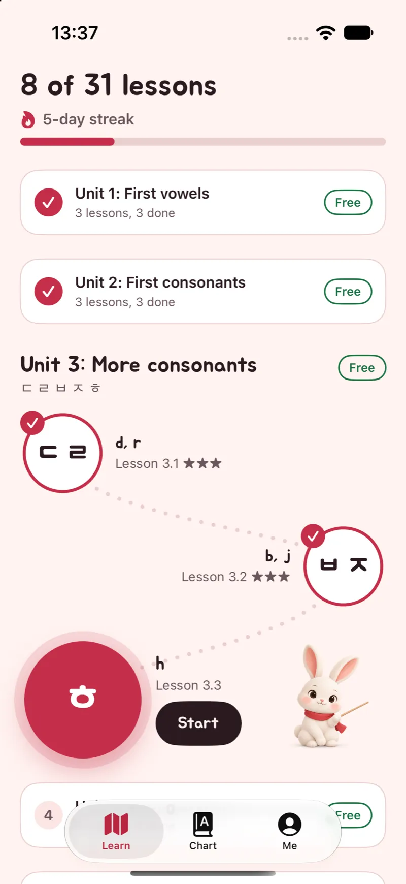 Hanbunny lesson path with Bun pointing at the next lesson